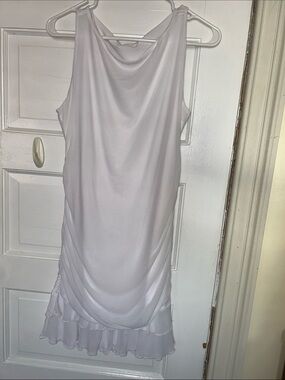 Sleeveless White Drape-Front Mini Dress with Ruffle Hem